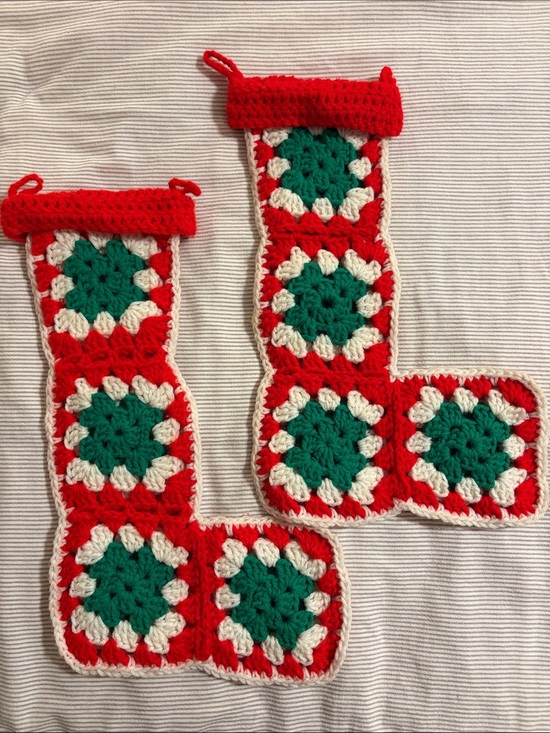 Vintage Other - Handmade Crochet Christmas Stocking Pair - Red Green White